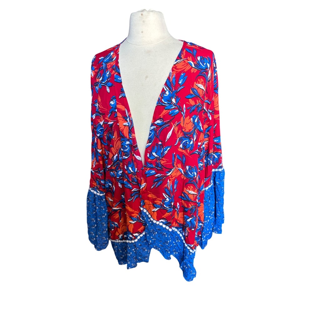 Womens Red Blue Floral Boho Kimono Cardigan Open Front Bell Sleeve